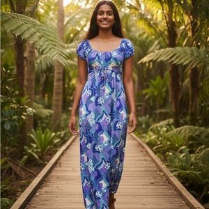 60s 70s Vintage Psychedelic Blue Purple Maxi Dress